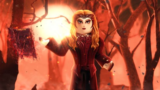 Marvel New Journey codes - Scarlet Witch in Roblox style, holding a book