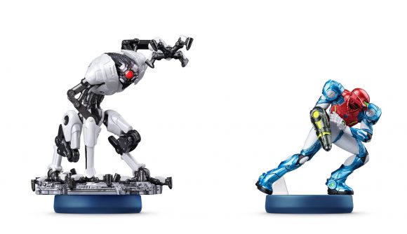 Metroid Dread amiibo of E.M.M.I. and Samus Aran side by side. Now on sale for Black Friday.