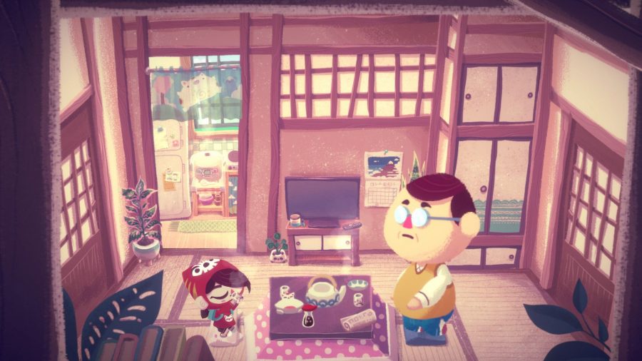 A screenshot from Mineko's Night Market showing a small person and a large man in a wooden walled room. They're sat opposite eachother by a low table.