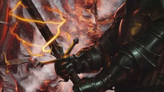 Key art from MTG card Embercleave with a flaming sword for MTG Arena decks guide