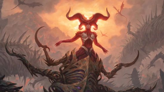 Key art of Sheoldred, a powerful black card, for MTG Arena decks guide
