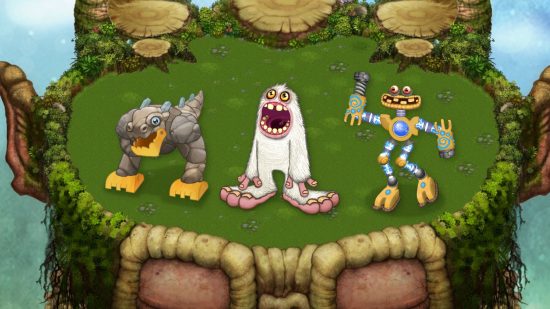 Custom image of My Singing Monsters breeding guide header with a Mammott, T-Rox, and other monsters on the originalisland