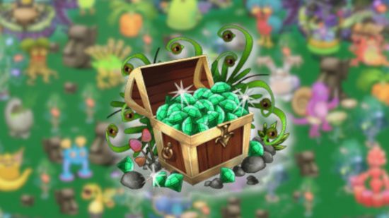 Custom image of a treasure chest bursting with My Singing Monster diamonds for My Singing Monsters gems guide