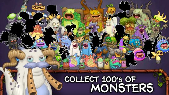 My Singing Monsters monster - a group of MSM monsters with the tagline 'collect 100s of monsters'