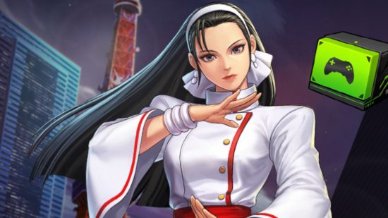 Netmarble financial earnings: a woman from KOF Arena with long black hair and a white dress with red highlights and a fluffy white ruff strikes a sort of tai chi pose.