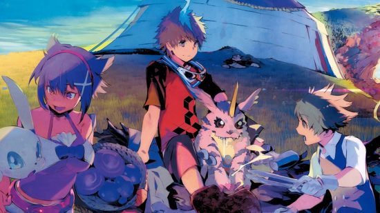 New Switch games - A group of tamers at a campsite surrounded by Digimon