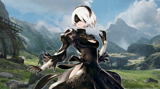Nier Automata 2B: 2B's key art pasted over a stunning screenshot of a landscape from Nier Automata.