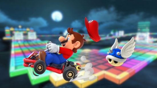Mario from Mario Kart Tour being chased down by a blue shell over an image of rainbow road