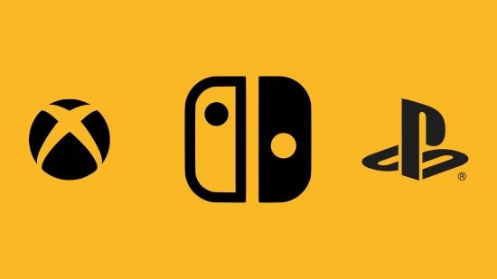 The Nintendo, Xbox, and PlayStation logos on a mango yellow background.