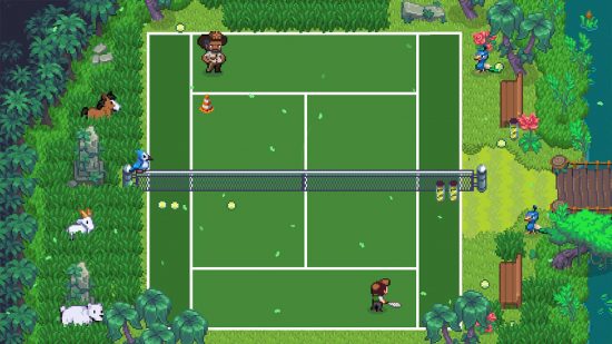 Nintendo Indie World Showcase: a screenshot from the indie game Sports Story shows a pixelated scene, and a small man playing tennis on a tennis court