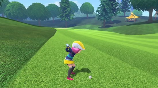Nintendo Switch Sports golf update screenshot with a player hitting a ball from the fairway