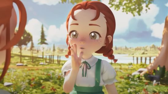 Oh My Anne character speaking in sign language as a dandelion clock floats around her