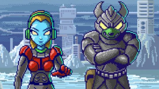 Omega 6 release date: a 16-bit pixelated style shows a women in a sci-fi outfit and a robotic wolf in a metallic helmet