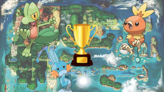 Torchic, Mudkip, and Treecko surrounding a cartoon cup in front of the Hoenn region