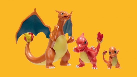 Pokémon figures: charmander, charizard, and chameleon on an orange background, plastic opposable toy versions of their dragon selves.