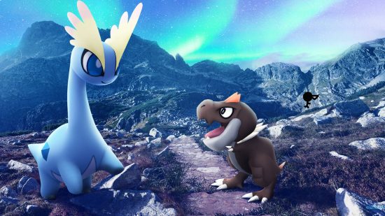 Calculadora de CP Pokémon Go - Amaura y Tyrunt conversando frente a las luces del norte