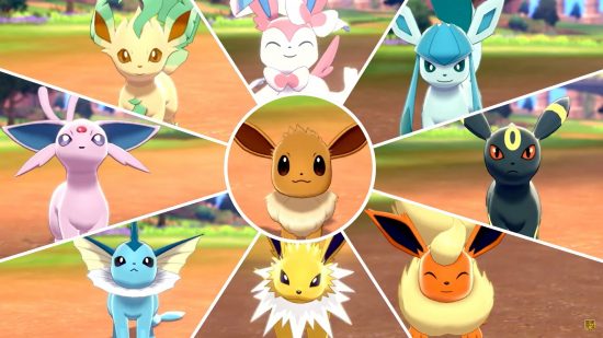 Pokémon Go Eevee evolution - Eevee is surrounded by all of its evolutions