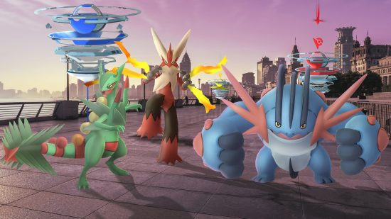 Pokémon Go raids - Sceptile, Blaziken, and Swampert preparing for a raid
