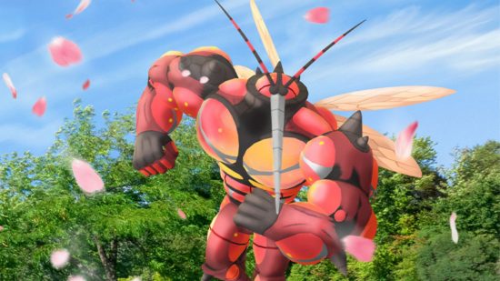 Pokemon Go Ultra Beasts event: Buzzwole, a red, insect like Pokemon, with some green trees and blue sky behind. The creature is hard to describe: imagine a cartoon-jock-bodybuilder body shape, except with more insect like coverings, a pair of tiny wings, ahead like an ant and a large pointy thing for a nose. That's roughly it.