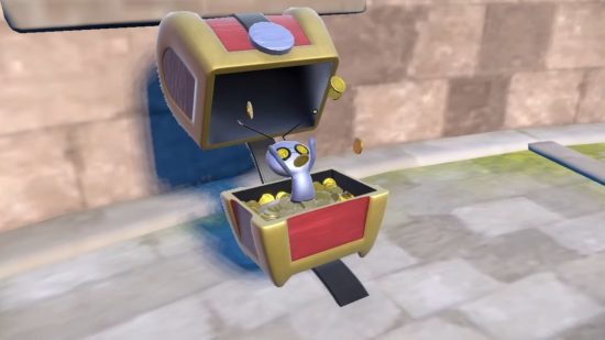 Screenshot of Gimmeghoul in it's coin filled chest for Pokemon Scarlet and Violet new Pokemon guide