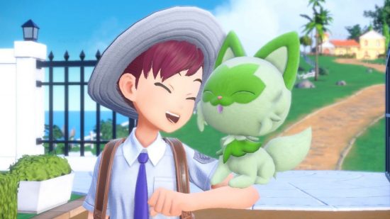 Pokemon Scarlet and Violet review - the trainer and Sprigatito smiling at each other