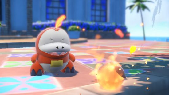 Captura de tela de Pokemon Scarlet e Violet Starter Fuecoco iniciando um incêndio
