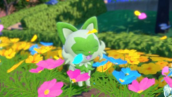 Екранна снимка на Pokemon Scarlet и Violet Starter Sprigatito, играещи в цветята