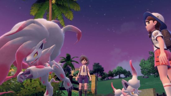 Pokémon Scarlet and Violet breeding: two young characters stand on a beach next to a dog-like pokemon with white fur and red highlights.