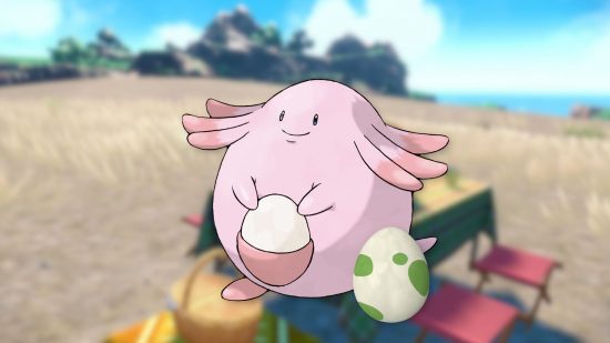 Custom image for Pokemon Scarlet and Violet breeding guide with chansey sat next to an egg