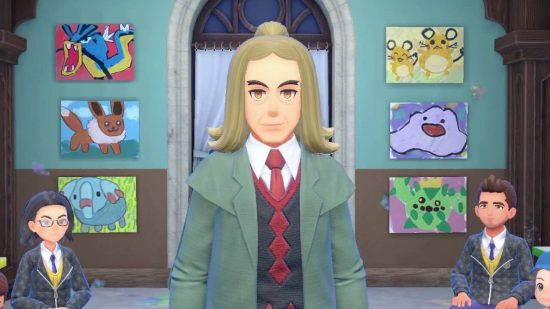 Pokemon Scarlet and Violet classes: a teacher stands in front of a group of students 