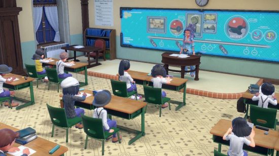 Pokemon Scarlet and Violet classes: a teacher stands in front of a group of students 