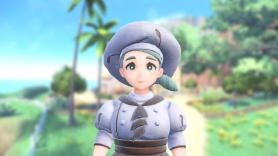 Katy, a Pokemon Scarlet & Violet gym leader, on a blurred background of grass, palm trees, and sea. She has a large white hat on and apron. She looks like a baker.