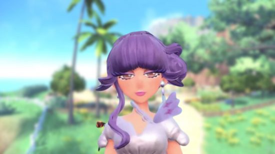 Tulip, a Pokemon Scarlet & Violet gym leader, on a blurred background of grass, palm trees, and sea. She has purple hair, a light pink/purple dress, and a general aura of snootiness.