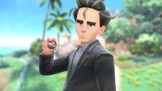 Larry, a Pokemon Scarlet & Violet gym leader, on a blurred background of grass, palm trees, and sea. He wears a suit, has messy but stylish black hair, and is holding up a pokeball.