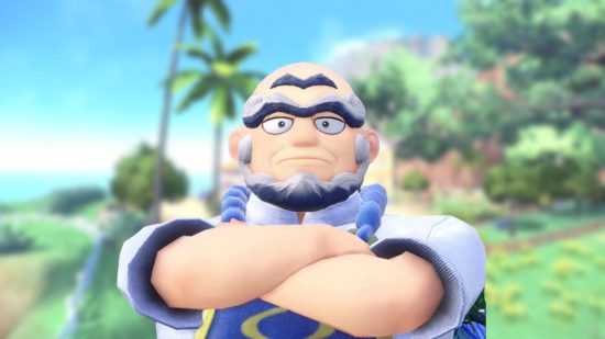 Kofu, a Pokemon Scarlet & Violet gym leader, on a blurred background of grass, palm trees, and sea. He has his arms crossed, very bush eyebrows with extra eyebrows above, a beard but no moustache, and a general air of authority.