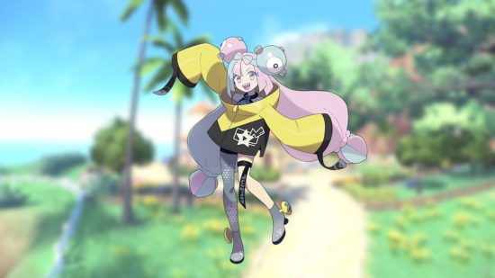 Iono, a Pokemon Scarlet & Violet gym leader, on a blurred background of grass, palm trees, and sea. She is a young-looking baggy yellow and black shirt-wearing pin and white-haired streamer.