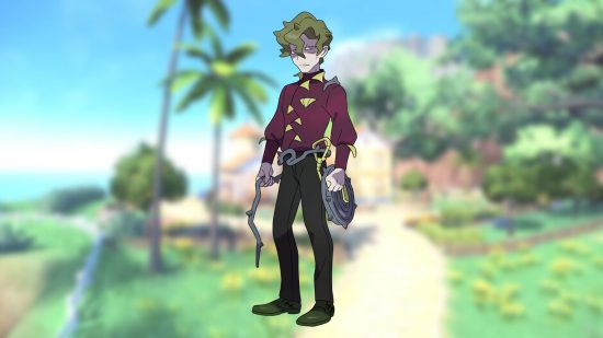 Brassius, a Pokemon Scarlet & Violet gym leader, on a blurred background of grass, palm trees, and sea. He is a moody-looking fluffy blond-haired red shirt-wearing spiky whip-wielding gothic-style character.