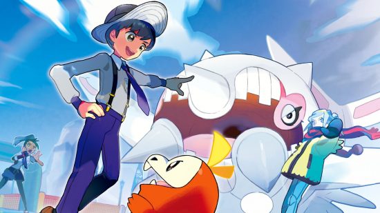 Pokemon Scarlet & Violet launch: a boy in a white hat, t-shirt, and blue trousers with suspenders stands next to some large pokemon.