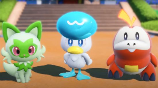 The three Pokemon Scarlet and Violet starters all lined up