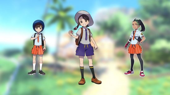 Pokémon Scarlet and Violet multiplayer: three bits of character art superimposedon a blurred background of grass, trees, a path, and sea and sky in the distance. In the middle, a girl with shorts, long socks, brown shoes, a rucksack, white shirt, tie, and white broad-rimmed hat with a single pigtail wields a pokeball. On the left, a boy looks sheepish, wearing long white socks, asimilar blue hat, white shirt and tie and orange shorts. On the right a woman in a similar outfit except withblack tights under the shorts.