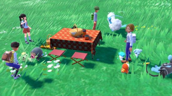 Pokemon Scarlet and Violet recipes: several trainers gather around a picnic table