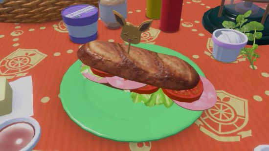 Pokemon Scarlet and Violet recipes: A pokemon trainer puts together a sandwich