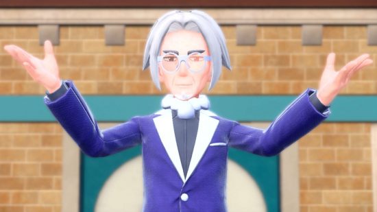 The academy direction from Pokemon Sword and Shield with his arms raised for Pokemon Scarlet and Violet sales news