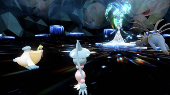 Pokemon Scarlet and Violet shiny: a screenshot shows a player encountering a tera raid Pokemon 