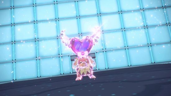 Screenshot of a Pokemon Scarlet and Violet terastral Pokemon with Dachsbun transformed
