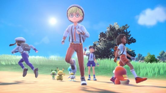 Pokémon Scarlet and Violet trade codes -- four children running away from a central, sandy path in opposing directions, tall grass behind them and a tree in the distance. The one in the middle wears red trousers, a blue shirt with red tie, suspenders, and a hat hiding some of his blonde hair above his glasses. Behind another boy in similar clothes waves, while two girls run to the left and right respectively.
