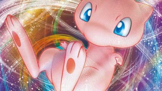 Screenshot of Mew VMAX card art with the pink Pokemon floating for Pokemon TCG decks guide