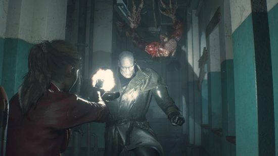 Claire Redfield shooting at Resident Evil 2's Mr X in a hallway with a Licker hanging from the ceiling