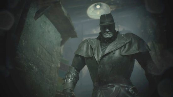 Resident Evil 2's Mr X walking down a dark corridoor