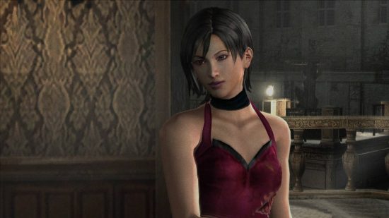 Resident Evil Ada Wong: A screenshot from a resident Evil game shows the Asian-American chaarcter Ada Wong, in a distinctive red top and exploring dark areas filled with zombie creatures